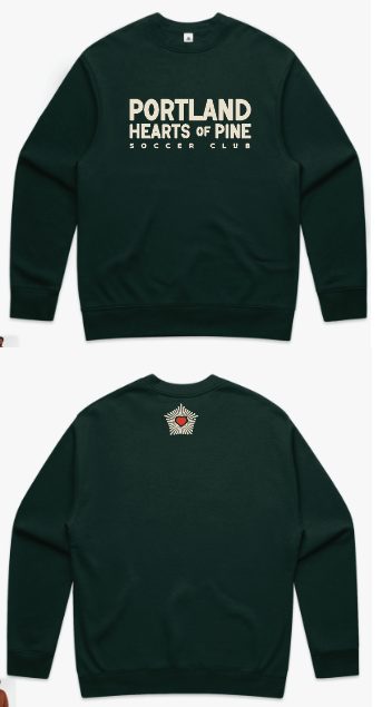 Dark green sweatshirt with 'Portland Hearts of Pine Soccer Club' text on a white background